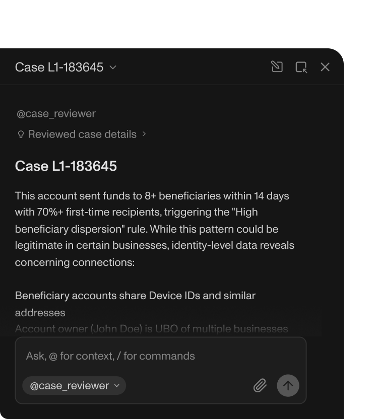 Persona case review panel with AI-powered investigation tools
